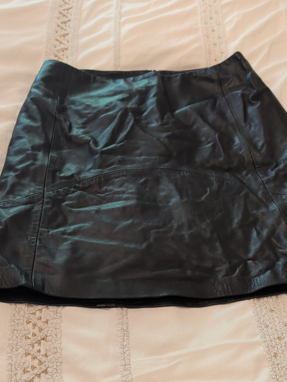 Real Black Leather Mini Skirt — Curved Panel Design